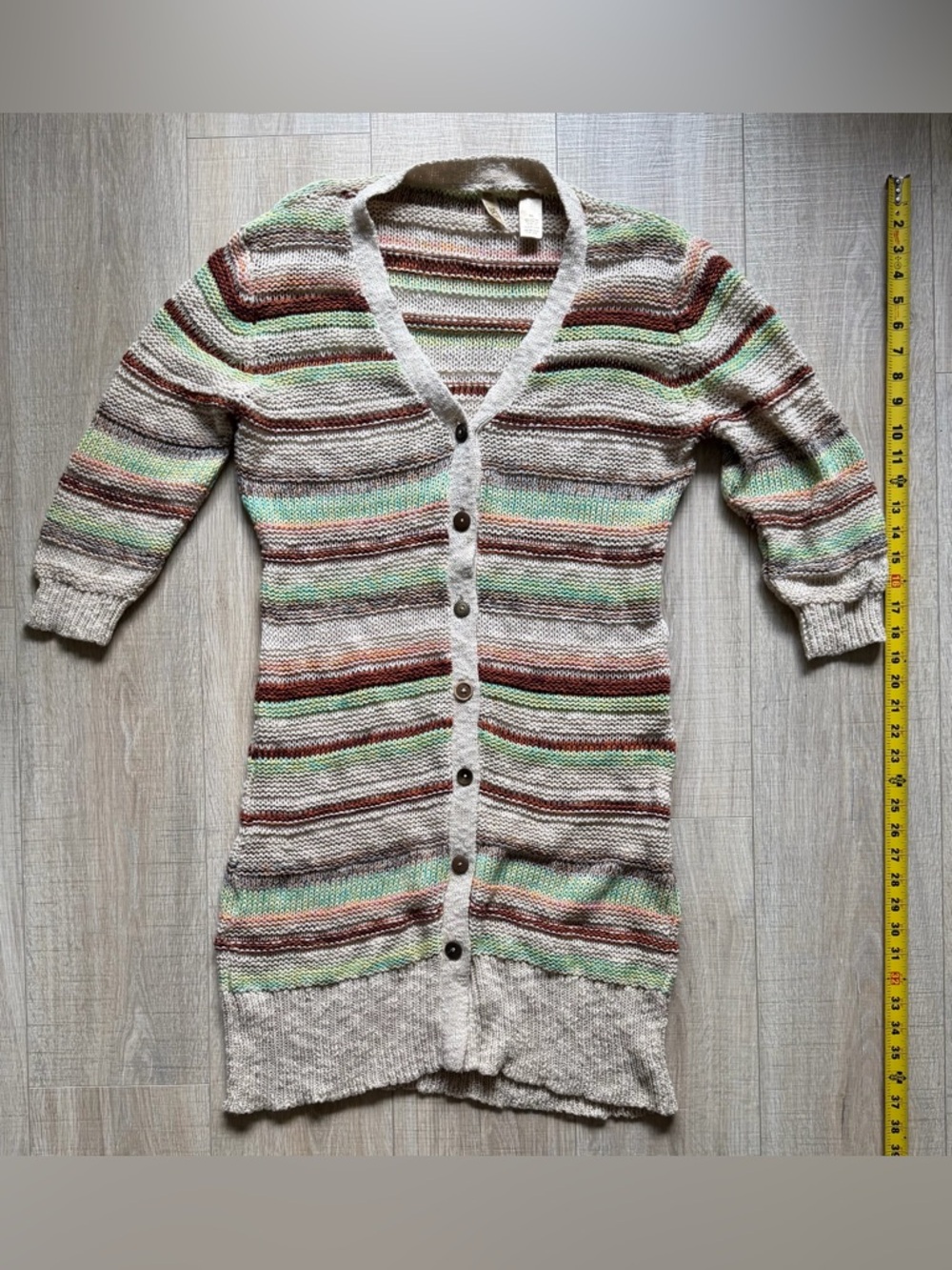 Buckle Long Striped Knit Cardigan Sweater - Neutral Stripes Size XL new